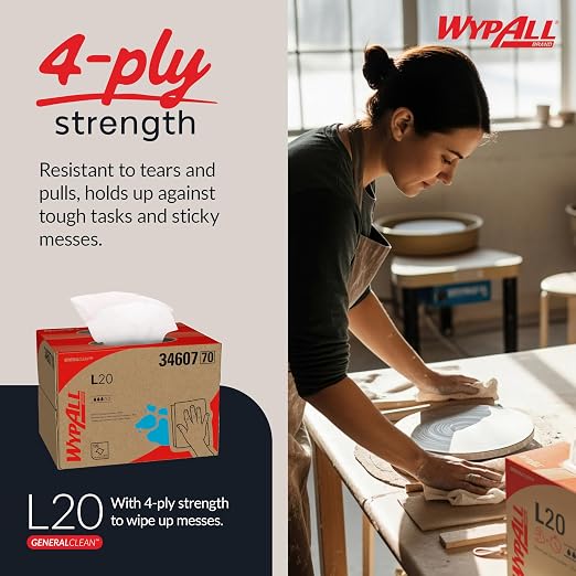 WypAll GeneralClean L20 Cloths Medium Cleaning Wipes (34607), Brag Box, Bulk Paper Wipers, White (1 Pack of 176 Sheets, 176 Sheet Total)