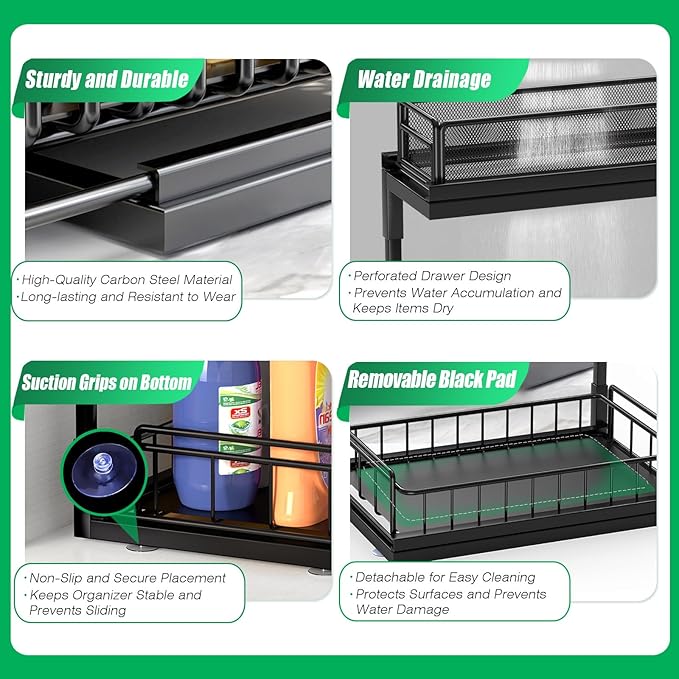 Under Kitchen Sink Pull Out Organizer, Pull Out Under Cabinet Organizer with 2 Tier for Kitchen Bathroom, Home Kitchen Storage Organization, Black, 2 Pack