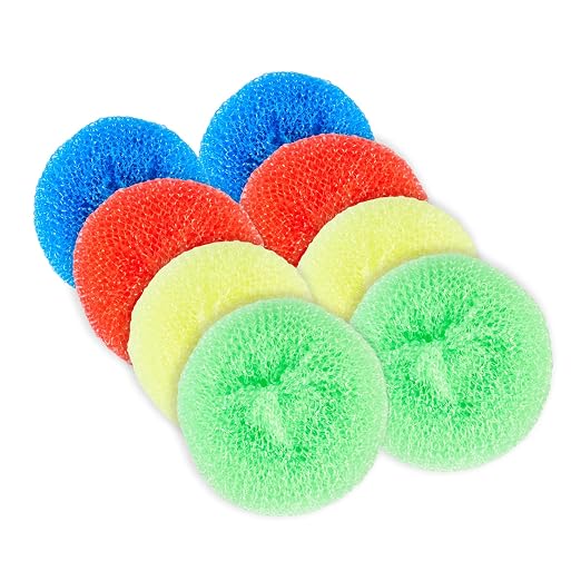 Restaurantware Plastic Dish Scrubbers 40 Pack 2.95 x 2.95 x 0.98 Inches Durable Non-Scratch Scrubbers Plastic Mesh Cleaning Pads Easy Grip Assorted Colors for Multi-Surface Cleaning