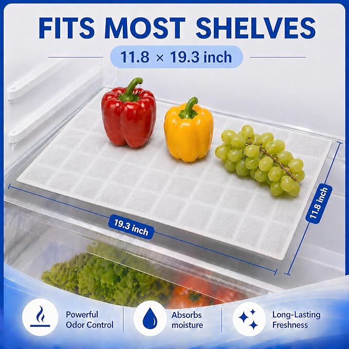 Rechargeable Refrigerator Deodorizer, Unscented Fridge Deodorizer & Moisture Absorber, Odor Eliminator for Fridge & Freezer, Long-Lasting Cut-to-Fit Fridge Shelf Liner (11.8×19.3 in, 2 Pack)