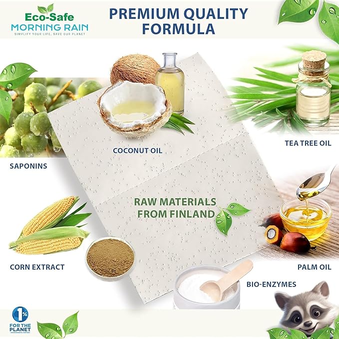 MorningRain Eco-Safe Laundry Detergent Sheets - Ingredients from Finland,Natural Scent, Bio-Enzyme Formula, Power Clean, 90 Sheets (Up to 180 Loads) - Non-Toxic, Preservative-Free, Designed in USA