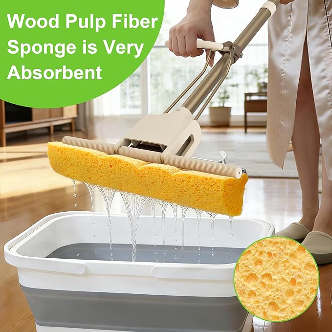 LILAC Cellulose Sponge Mop with 2 Replacement Heads, 4-Color Handle Choices for Zoned Cleaning, Super Absorbent Pop Up Roller Mop for Hardwood,Laminate Floors, Heavy Duty Floor Scrubber (Green)