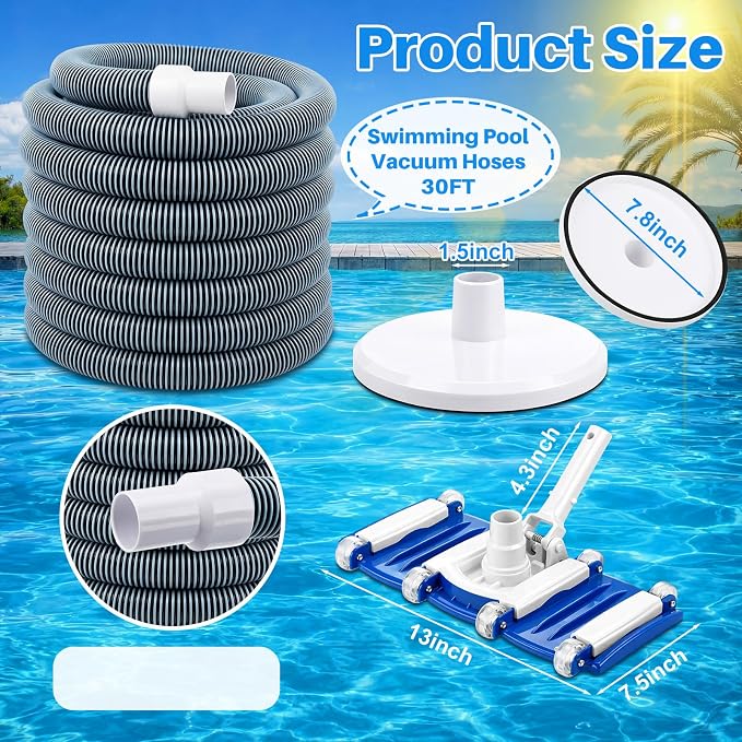3 Pcs Pool Cleaning Kit 14" Vacuum Head with Flexible Wheels, 1-1/2 x 18ft Hoses and Skim Vacuum Plate Pool Maintenance Cleaning Accessory Tool for Fast, Easy Debris Removal