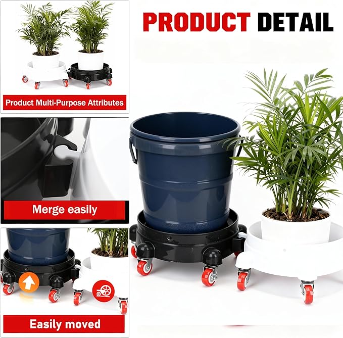 2 Pcs 5 Gallon Bucket Dolly 11 Inch Black White | Connectable 5 Heavy Duty 360° Wheel Rolling Locking Casters Black & White Set for Car Wash Garden & Garage