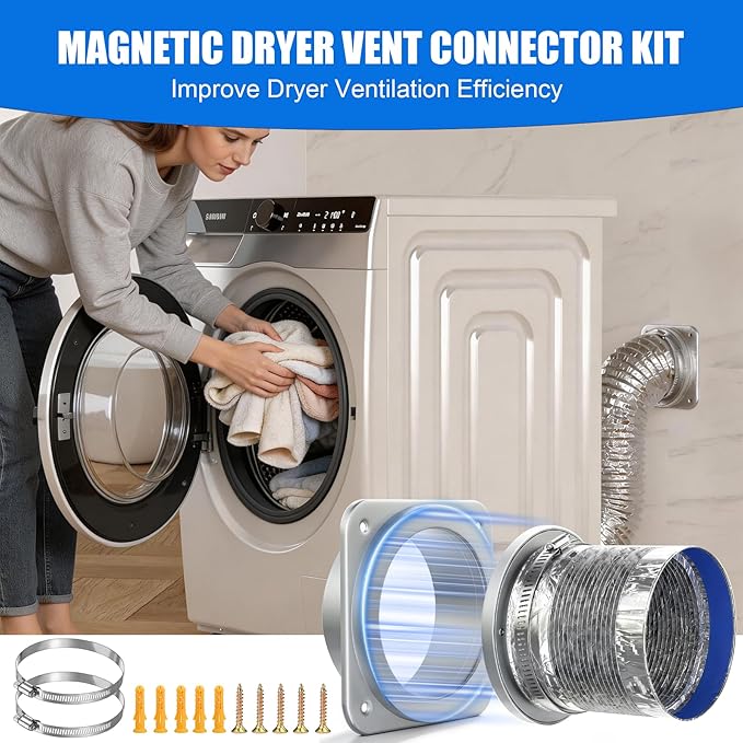 Magnetic Dryer Vent Connector Kit, Self-Alignment Magnetic Dryer Vent Coupling Strong Airtight Seal Magnet Dryer Vent Quick Connect Disconnect Easy to Clean 4" Exhaust Vent Hose