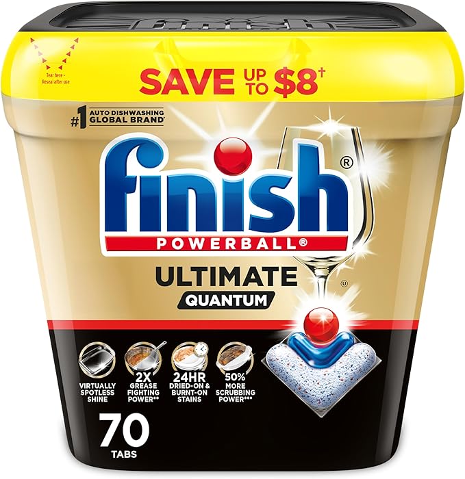 Finish Ultimate Quantum Dishwasher Pods, New & Improved Formula, Dishwasher Detergent Dish Soap, Removes Burnt-On & Dried-On Stain, Degreasing & Scrubbing Power, Fresh Scent, 70 Count