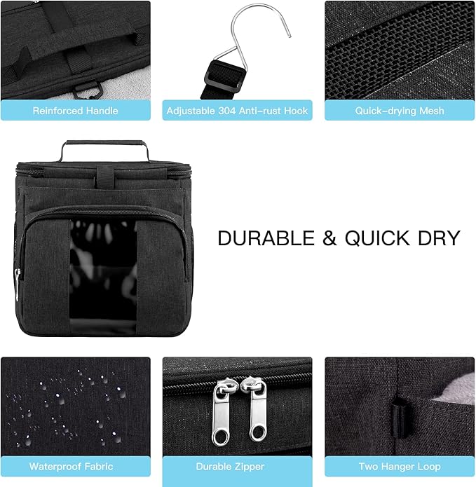 Bukere Portable Shower Caddy Tote Bag for College Dorm Travel, Separate Compartment, Large Capacity, Quick Dry Mesh Base, Hanging Toiletry Bath Bag for Student, Gym, Camp, Women Men (BLACK&BLACK)