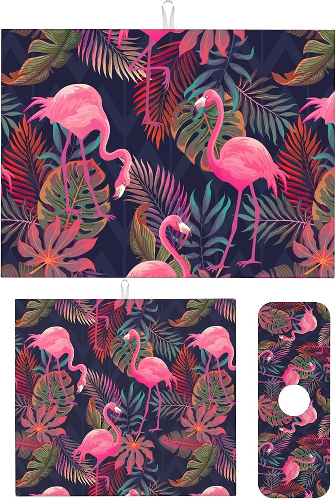 Set of 3 Flamingo and Palm Tree Dish Drying Mat & Kitchen Sink Splash Guard Faucet Mat For Kitchen Counter Absorbent Microfiber Dishes Pad Dish Drainer Rack Mats Fast Dry Kitchen Accessories