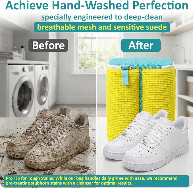 Upgraded Dual Compartment Shoe Washing Machine Bag, 420g Heavy-Duty Sneaker Laundry Bag with Clasp-Lock Zipper, Thick Chenille & Reinforced Seams for Maximum Protection, Yellow/Blue, 1-Piece