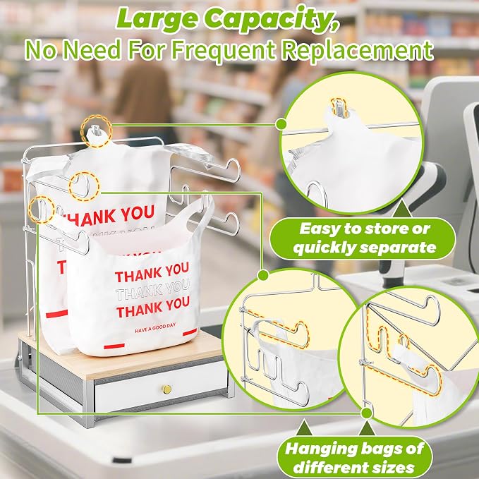 Plastic Grocery Bag Holder with Drawer, Metal Plastic Bag Organizer, Detachable Trash Bags Holder Dispenser Storage for T-Shirt, Shopping Bags, for Groceries Store, Supermarket (White)