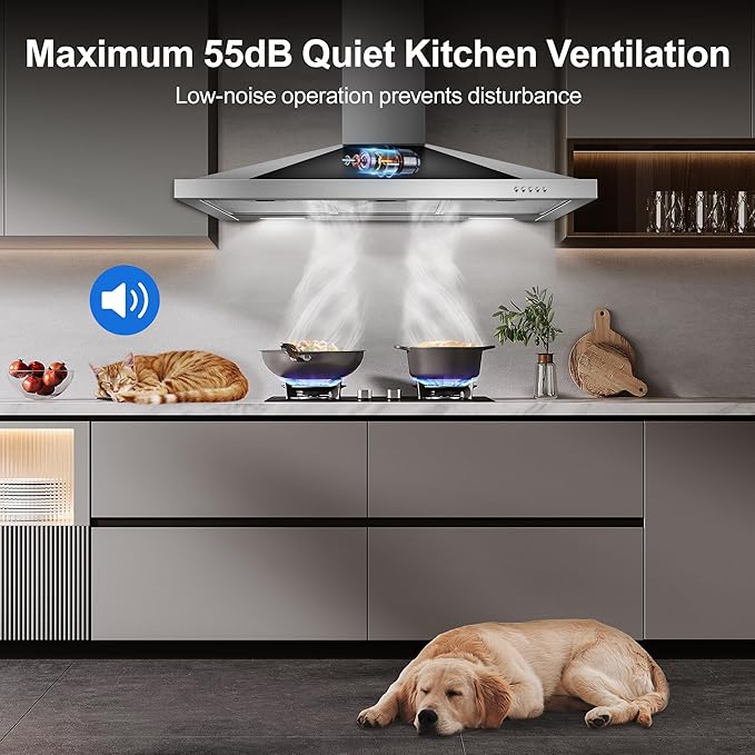 Tiesay Wall Mount Range Hood 36 inch with Ducted/Ductless Convertible Duct, Kitchen Hood Stainless Steel Chimney-Style Over Stove Vent Hood with LED Light, 3 Speed Exhaust Fan, 450 CFM