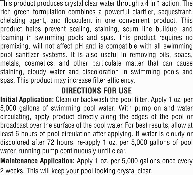 Robelle 1-Quart Concentrated 4-in-1 Water Treatment, Pool Clarifier, Made in USA