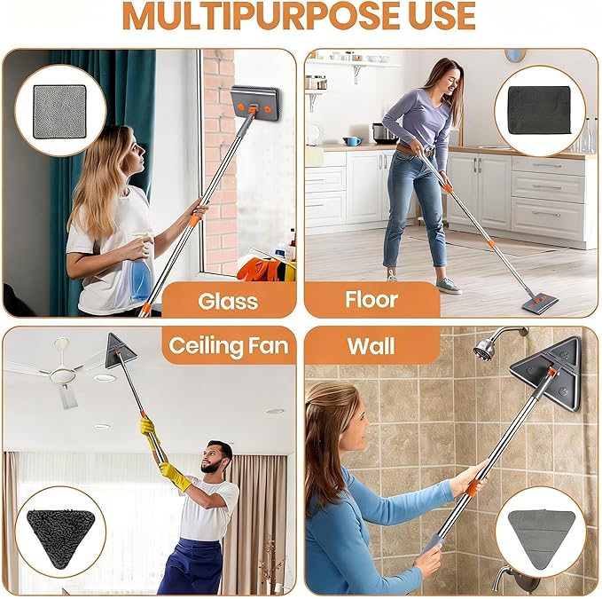 85'' Wall & Ceiling Mop with Long Handle, Wall and Baseboard Cleaner Tool, 2 Mop Heads (Triangle Corner + Square), 8 Reusable Washable Pads (Chenille/Microfiber/Scrub) for Shower Walls, Tile, Floors
