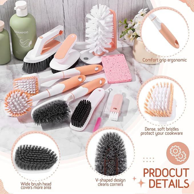 10 Pack Dish Brush Set for Household Use Kitchen Scrub Brushes with Non-Slip Long Handle Multi-Purpose Cleaning Brushes for Dishes Pot Pan Kitchen Sink Tub Cup Clothes Shoes Floor (Pink)