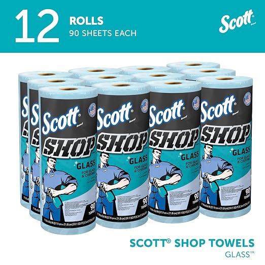 Scott Shop Original Glass Towels (32896), Blue, Cloth-like Paper Towel for Mirrors and Chrome, 8.6"x11" Wipe (12 Rolls of 90 Sheets, 1,080 Sheet Total)
