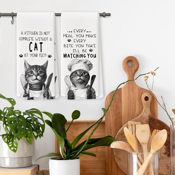 Funny Chef Cat Kitchen Towels 16x24 Inch Set of 2 | Cat Mom Dad Lady Lovers Gifts for Women Men Dish Tea Towels for Kitchen, Pet Lover Gifts Decorative Hand Towel