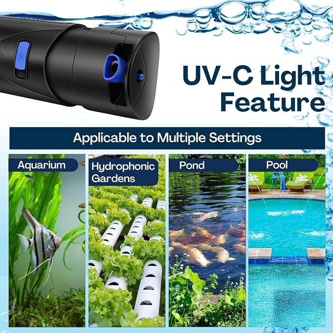 Flexzion Aquarium Filter U-V, 200 Gallon Fish Tank Filter with U-V Light for Green Control Cleaning, 200GPH Submersible Aquarium Pump for Turtle Tank, Freshwater Crystal Clear & Saltwater