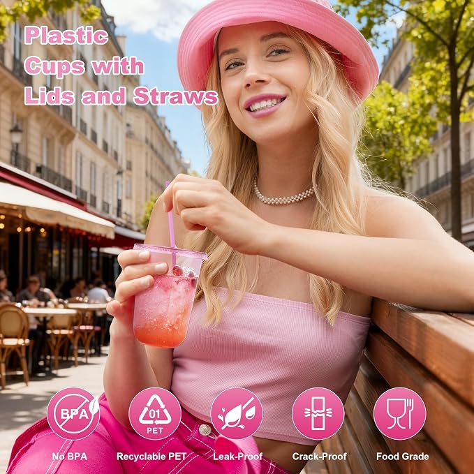 KesaPlan 50 Pack 16 oz Pink Plastic Party Cups with Lids and Straws, Disposable Iced Coffee Cup with Lids, Round Bottom Drinking Cups for Birthday Wedding Valentine's Galentine's Bachelorette Party