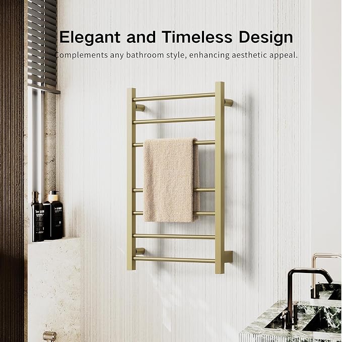 Z&Zhanle Electric Heated Towel Rack, Gold Finish, Wall Mounted Bathroom Warmer with Temperature Control, (Energy Efficient) with 7-Bar & Aluminum Frame for Bathroom