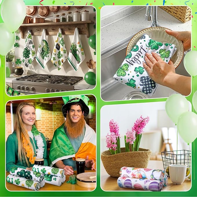 Hahafelt 12 Pcs St. Patrick's Day Kitchen Towels, Easter Hand Towels Seasonal Holiday Valentine's Day Decorative Dish Decor with Truck Shamrocks Bunny Absorbent Soft for Kitchen Bathroom, 16 x 24 Inch