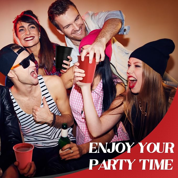 Funnymoom 100 Pcs Casino Theme Party Cups Poker Disposable Plastic Red Black 12 oz Drinking Water Beverage Cups for Wedding Birthday Graduation Halloween Casino Party Supplies