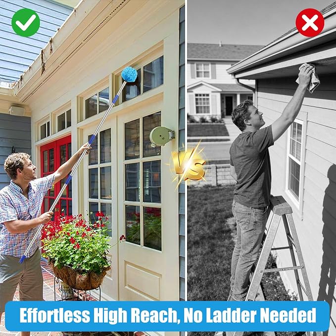Cobweb Duster with Extension Pole - 10 FT Lightweight Stainless Steel Extendable Duster Ceiling Fan Duster for High Ceilings, Medium Stiff PET Bristle Spider Web Brush for Indoor/Outdoor Cleaning