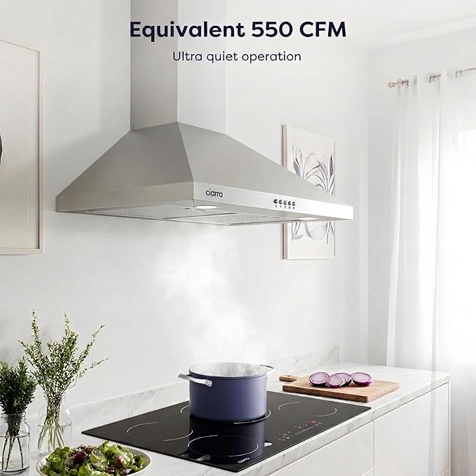 CIARRA Range Hood 30 inch Wall Mount 550CFM Ducted Ductless Stove Vent Hood with 2 LED Light for Kitchen, Stainless Steel, Push Button, Easy to Install, CAS75206P-N