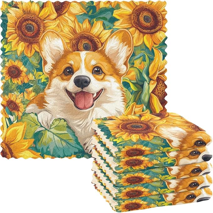 Yellow Sunflowers and Corgi Dogs Kitchen Towels Dish Cloths Set of 6 Microfiber Cleaning Cloths for Cars Super Absorbent Machine