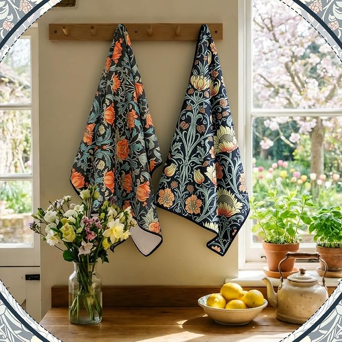 Tegeme 4 Pcs William Morris Floral Kitchen Dishcloth Retro Vintage Flowers Dish Towel 18 x 26 Inch Reusable Absorbent Towel Microfiber Decor for Bathroom Baking Cooking Cleaning Holiday Party Supplies