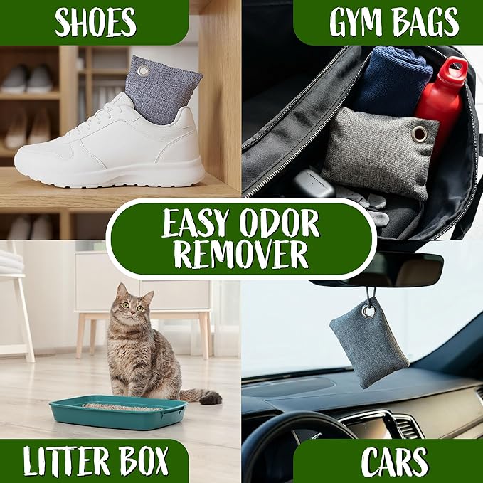 100g Bamboo Charcoal Bags (Pack of 10 Bags) - Activated Charcoal Odor Absorber - Reusable Bags for Homes, Cars, Closets, & Shoe Odor - Absorbs Odors & Moisture - Organic Sustainable Room Air Freshener