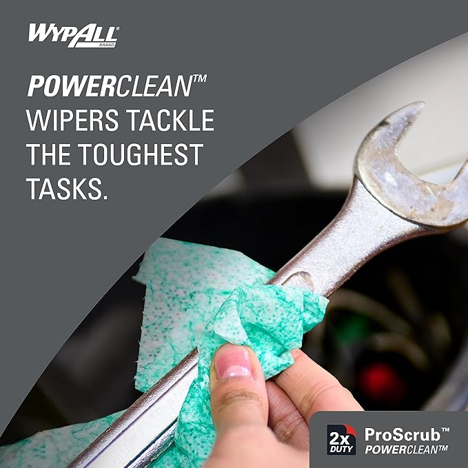 WypAll PowerClean ProScrub Heavy Duty Wet Towels (91371), Dual Action Cleaning, Large 9.5" x 12" Wipes, Bucket Included (6 Containers of 75 Sheets, 450 Sheet Total)