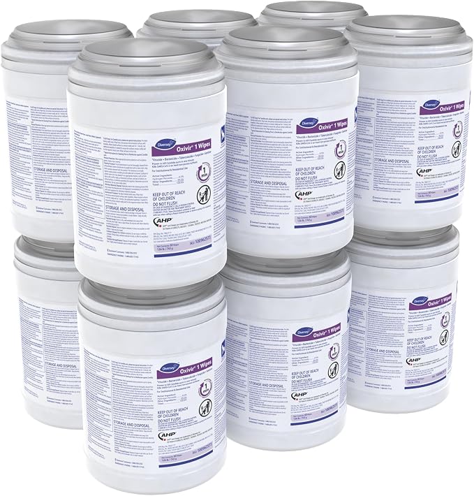 Oxivir Diversey 1 Disinfectant Wipes, AHP Hydrogen Peroxide Cleaner, Multi-Surface Cleaner for Home & Commercial Use, Large Wipes, 60 Count Canister, Case of 12