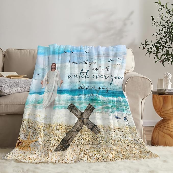 Tijuboni Christian Religious Jesus Throw Blanket Ocean Beach Gifts for Women Men Girls Boys Kids Adults Soft Flannel Fleece Blanket for Couch Sofa Bed Home Decor 60"x80"