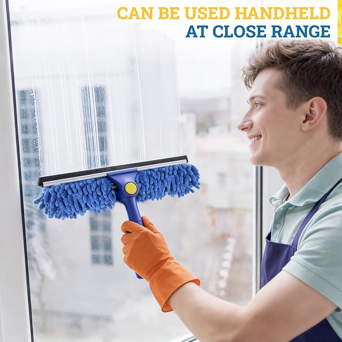 Kleen Handler 2-in-1 Window Squeegee with 4–12 ft Telescopic Extension Pole, Window Washing Kit for Home & Commercial Glass Doors, High Windows, 2 Sleeves Included