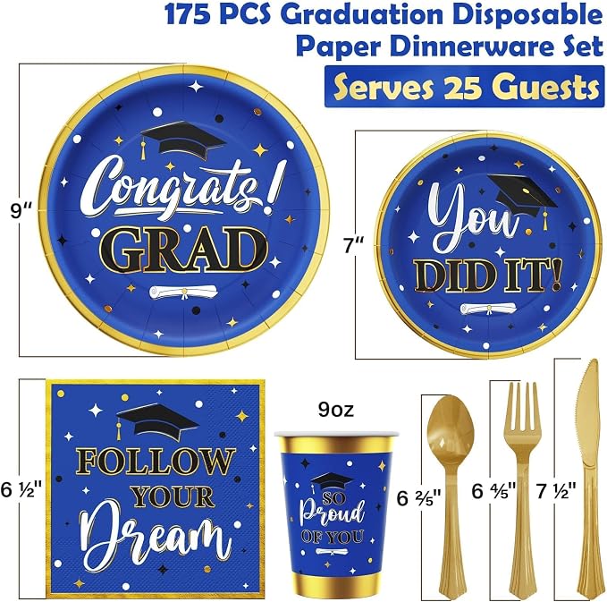 Graduation Decorations Class of 2026, 175PCS Graduation Party Supplies Disposable Dinnerware(Serve 25) with Paper Plates Cup Napkin Fork Knife Spoon College High School Grad Decor(Blue & Gold)