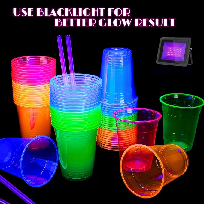 Kochorie 60 Pack 12 Oz Plastic Neon Cups Glowing Party Cups 4 Assorted Neon Colors Disposable Blacklight Party Light Up Cup for Birthday Party In The Dark Party Supplies