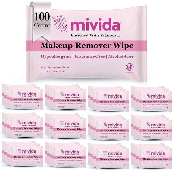mivida100 Count Hypoallergenic Makeup Remover Wipes Individually Wrapped with Vitamin E | Dermatologist Tested Alcohol-Free, Fragrance-Free face wipes Individully Wrapped