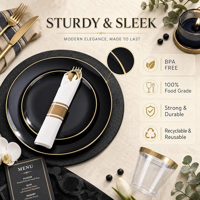 KIRE 350 PCS Plastic Dinnerware Set for 50 Guests - Black and Gold Plates 50 for Dinner 50 for Dessert & 50 Pre Rolled Napkins with Disposable Silverware 50 Cups for Graduation/Wedding/Father's Day