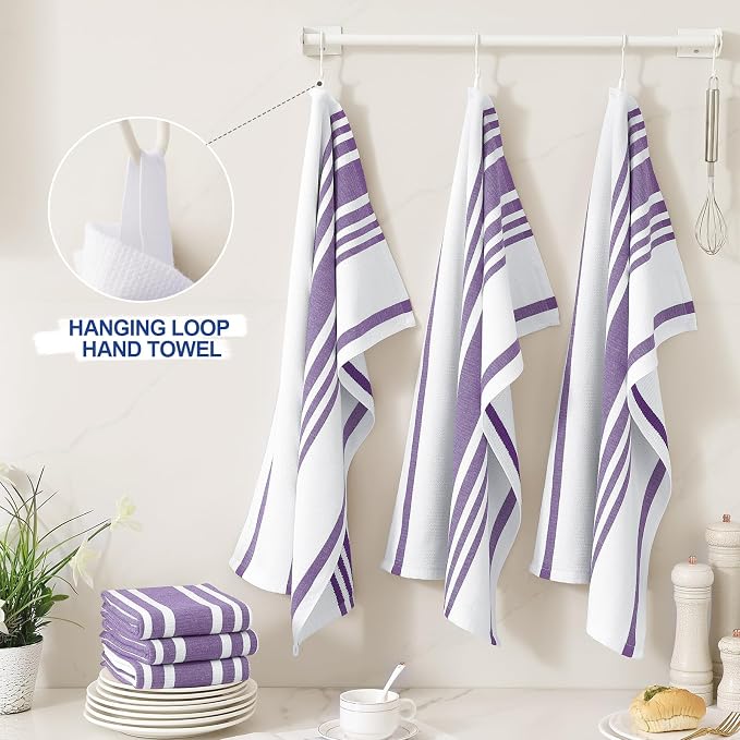 Homaxy Premium Kitchen Towels 18”x 28”, Large Cotton 380 GSM Kitchen Hand Towels, Stripe and Terry Dish Towel, Highly Absorbent Tea Towel Set with Hanging Loop, 8 Pack, Purple