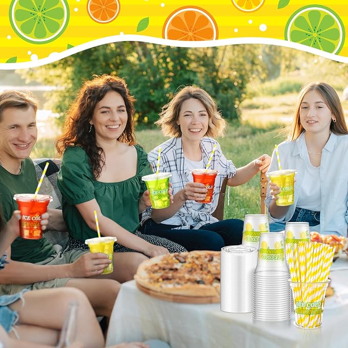 Umigy 100 Pack Plastic Disposable Cups with Lids and Straws 12 oz Disposable Cups for Juice Water Coffee Summer Party Sports Party Supplies (Ice Cold)