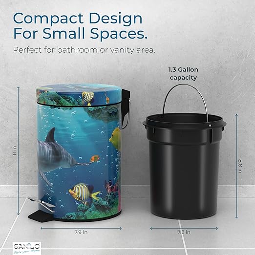Sanilo Small Bathroom Trash Can with Lid [1.3 Gallon] - Lidded Tiny Trashcan for Garbage - Mini Metal Bin with Soft Closing Mechanism - Bath Room Accessoire Wastebin with Inner Bucket (Dolphin)