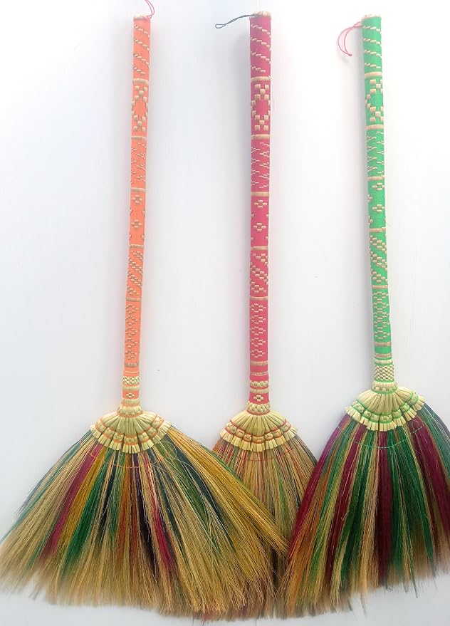 Natural Grass Broom Thai Vintage Retro Handmade Broom, Housewarming Gift, Witch Broom, Thai Broom, Broomstick, Bamboo Stick Embroidered Nylon Handle, Kong Grass Broom, Thick Broomstick