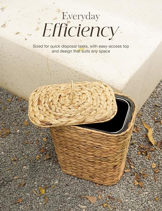 Tidita 3 GALLONS Wicker Waste Basket - Wicker Trash Can with Lid - Water Hyacinth Bathroom Garbage Can with a Lid - Bathroom Trash Can Boho Style - Removable Liner, Iron Frame (Natural, 3 Gallons)