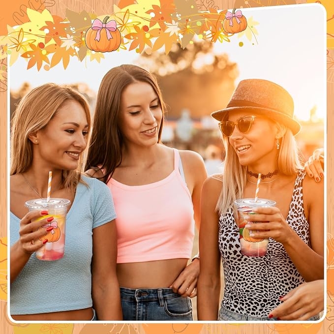 Sliner 50 Pcs 16 oz Coquette Disposable Plastic Cups with Straw for Party Supplies Bow Cups Birthday Wedding Bridal Engagement Party Drinkware Baby Shower Decoration (Pumpkin)