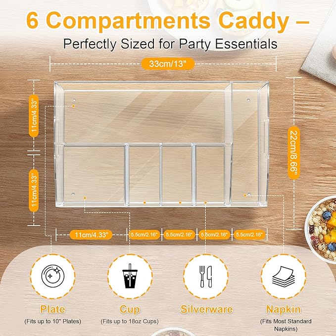 Acrylic Paper Plate Organizer and Dispenser – 6 Compartment Plate and Utensil Caddy for Plates, Cups, Napkins and Cutlery, Ideal for Kitchen, Parties, Picnics, Weddings, and Outdoor Events