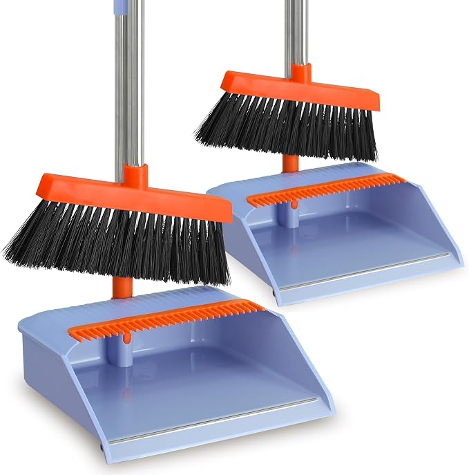2-Pack Broom and Dustpan Set for Sweeping Indoor, Broom Dustpan with 48" Long Handle, Broom with Dustpan Combo Set(Purple)
