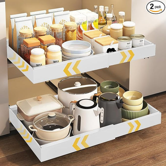 FILTA 2Pack Expandable Pull Out Cabinet Organizer, 21" Deep Slide Out Drawers for Kitchen Cabinets, Heavy Duty Roll Out Shelves with 3-Rail Silent Glide, No-Drill Adhesive or Screw Install, White