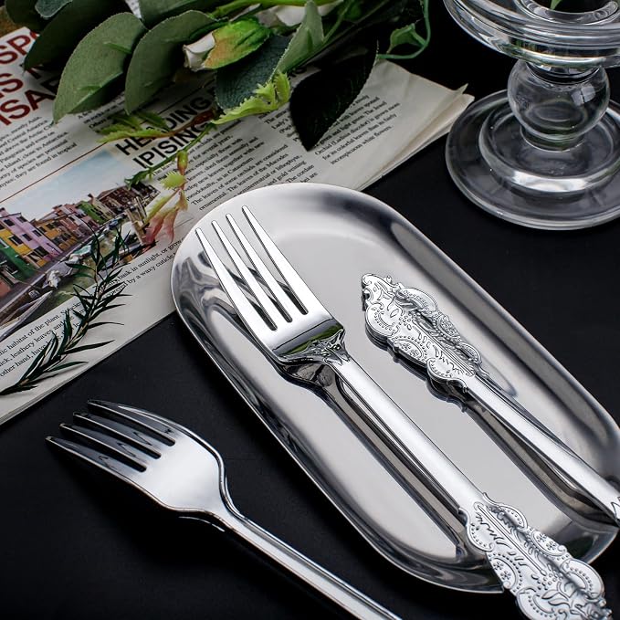 WDF 100 Piece Silver Forks Disposable - 7.48 Inch Silver Plastic Forks - Baroque Silverware for Dessert Cake - Heavy Duty Plastic Fork for Party Wedding or Daily Using Baby Shower Spring