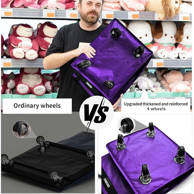 (Medium,Violet) Reusable Grocery Bag on Wheels, 70L Foldable Rolling Tote, Extra Storage for Shopping, Zipper Clouser Shopping Carts for Groceries, Laundry, Camping, Moving, 4 Heavy Duty Wheels