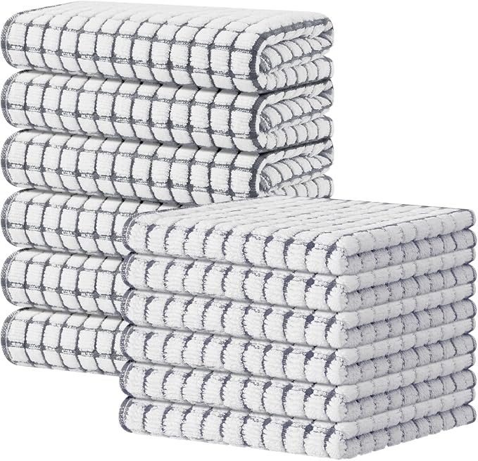 Kitinjoy Cotton 12 Pack Kitchen Towels and Dishcloths Sets, 16 x 25 Inch & 12 X 12 Inch Dish Towels Bulk, Super Soft and Absorbent Hand Towels for Kitchen Drying, Grey